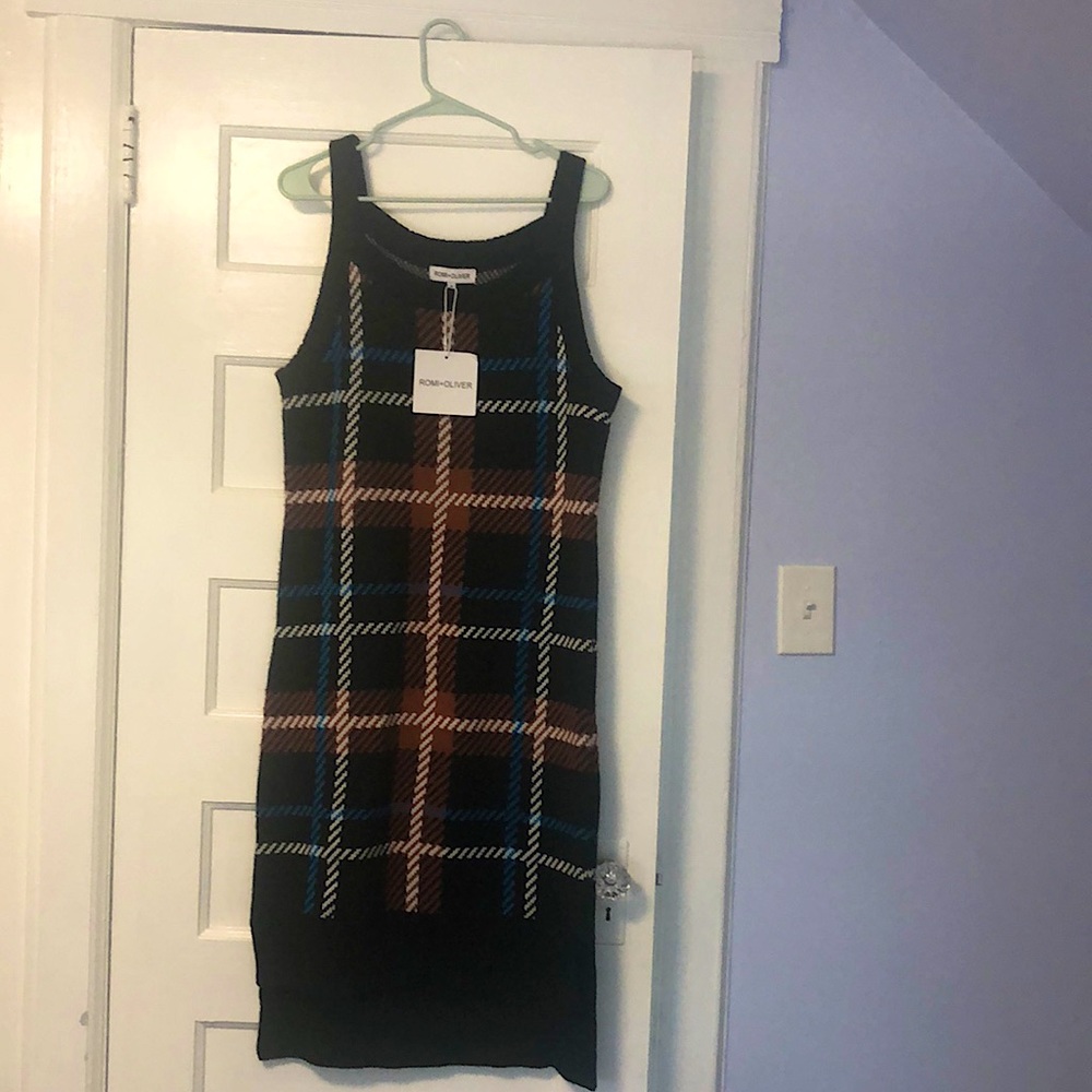 Romi + Oliver Black Plaid Knit Jumper Dress Size M NWT